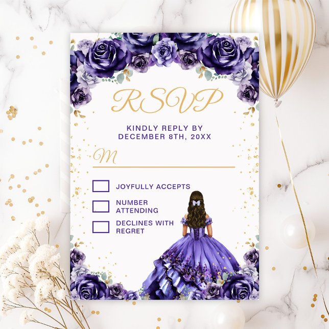 Dark Purple Princess Floral Quinceañera RSVP Card (Creator Uploaded)