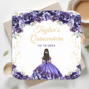 Dark Purple Princess Floral Quinceañera Square Paper Coaster