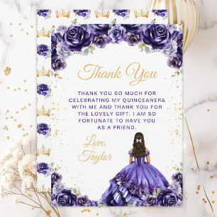 Dark Purple Princess Floral Quinceañera Thank You Card