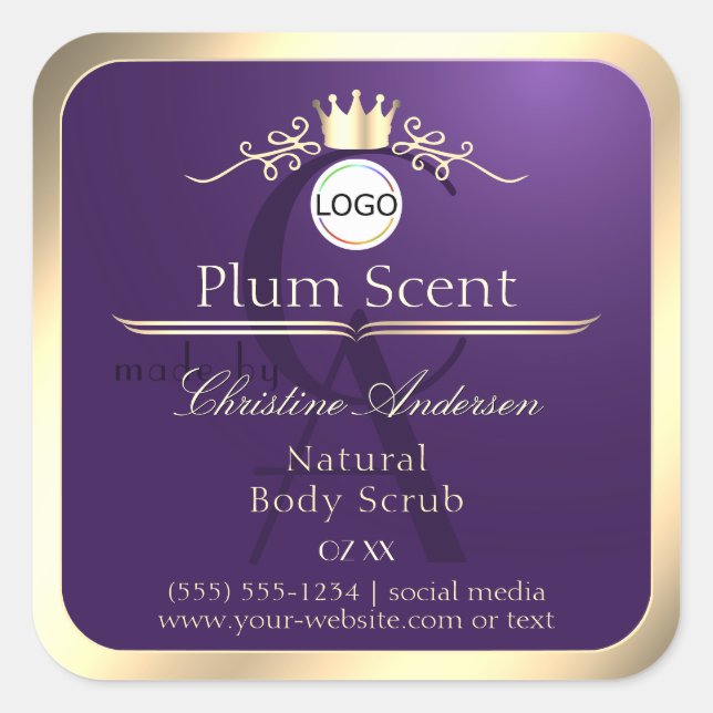 Dark Purple Product Label Gold Frame Logo Monogram (Front)