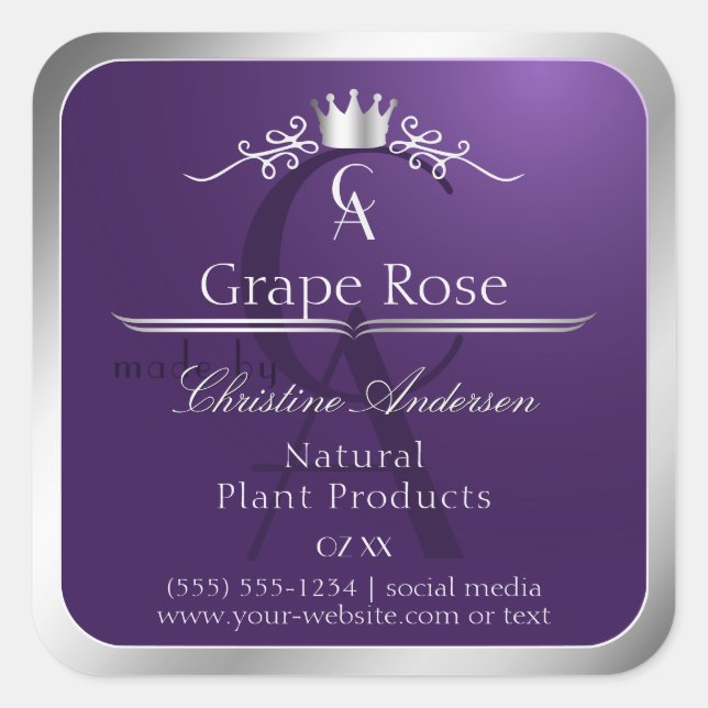 Dark Purple Product Label Silver Frame Monogram (Front)