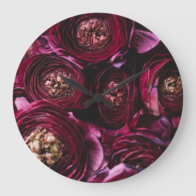 Dark Purple Ranunculus, Blossoming Close-Up. Large Clock (Front)