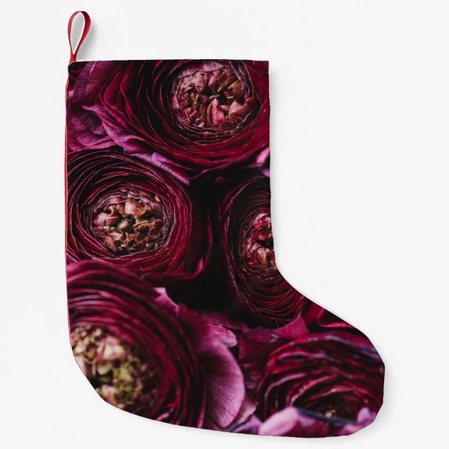 Dark Purple Ranunculus, Blossoming Close-Up. Small Christmas Stocking (Front)