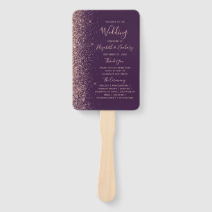 Dark Purple Rose Gold Glitter Edge Wedding Program Hand Fan