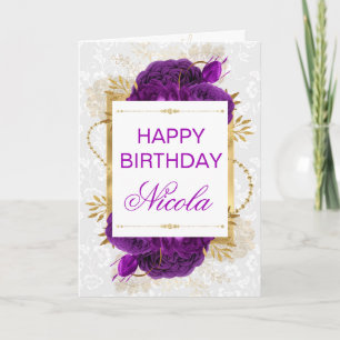 Dark Purple Roses & Gold Glitter Birthday  Card