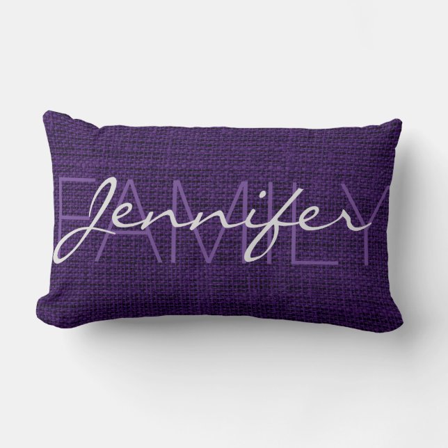Dark Purple Rustic Burlap Monogram Lumbar Cushion (Front)
