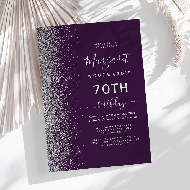 Dark Purple Silver Glitter 70th Birthday Party Invitation (Creator Uploaded)