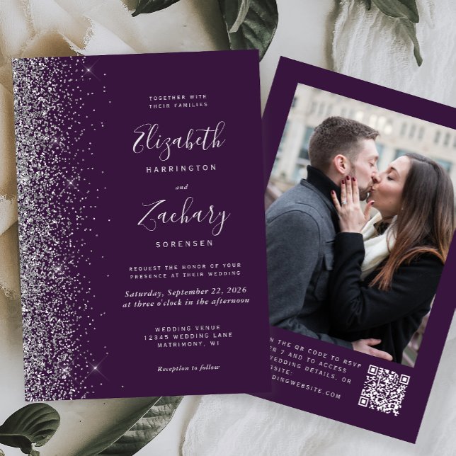 Dark Purple Silver Glitter Photo QR Code Wedding Invitation (Creator Uploaded)