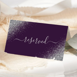 Dark Purple Silver Glitter Reserved Wedding Place Card