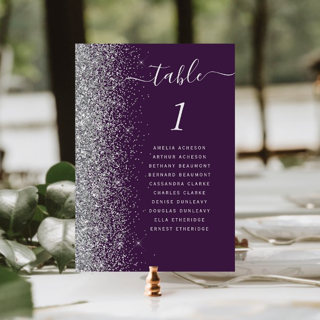 Dark Purple Silver Glitter Wedding Table Number (Creator Uploaded)
