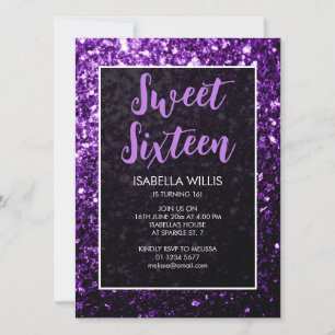 Dark purple sparkles Sweet 16 elegant script Invitation