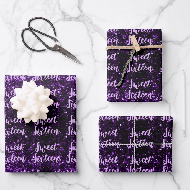 Dark purple sparkles Sweet 16 script pattern Wrapping Paper Sheet (Front)