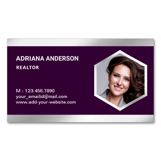Dark Purple Steel Silver Real Estate Photo Realtor Magnetic Business Card (Front)