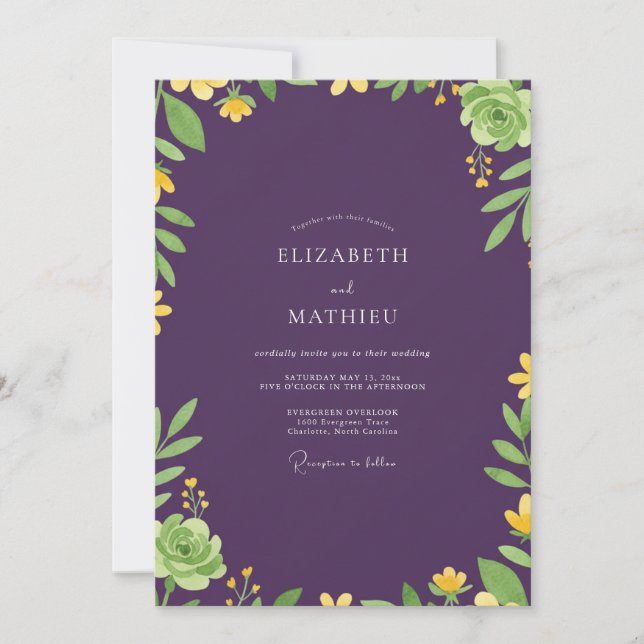 Dark Purple Succulent Eucalyptus Wedding Invitation (Front)