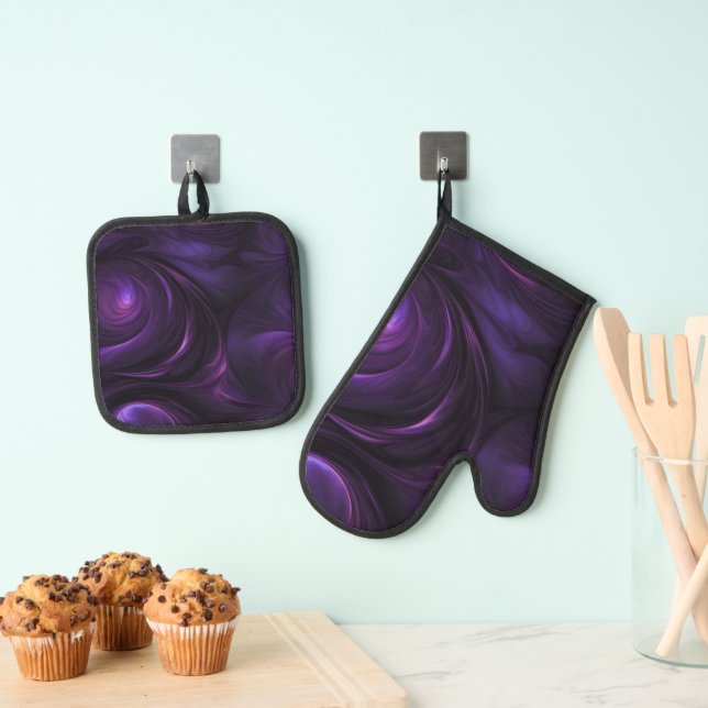 Dark Purple Swirl Design Oven Mitt & Pot Holder Set (Insitu(Hanging))