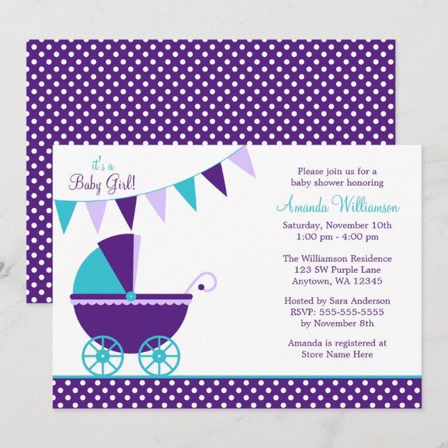 Dark Purple Teal Bunting Carriage Baby Shower Invitation (Front/Back)