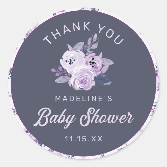 Dark Purple & Teal Floral Baby Shower Thank You Classic Round Sticker (Front)