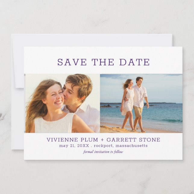 Dark Purple Text Three Photo Wedding Save The Date (Front)