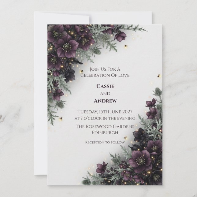 Dark Purple Thistle Wedding Invitation (Front)