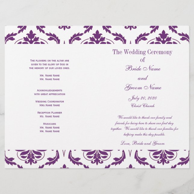 Dark Purple Vintage Damask Wedding Program (Front)
