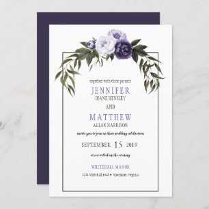 Dark Purple Violet Peonies Watercolor Weddings Invitation