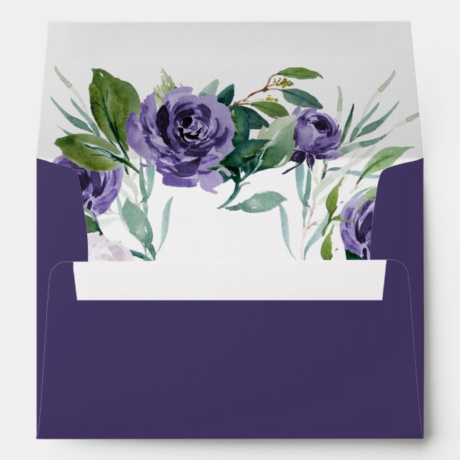Dark Purple Watercolor Floral Wedding Envelope (Back (Bottom))