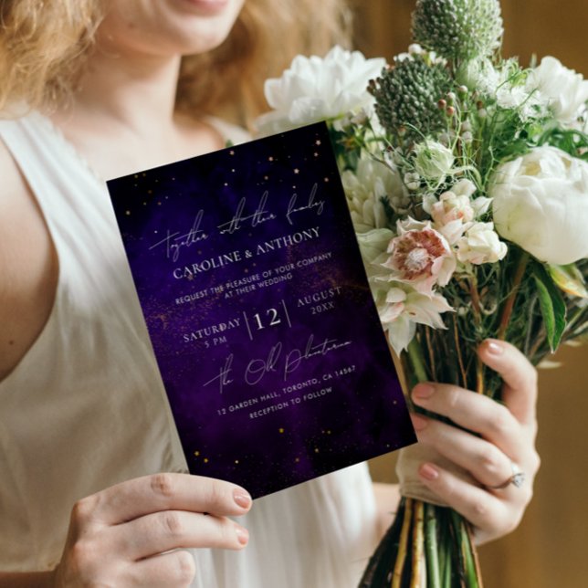 Dark Purple Watercolor Magical Gold Wedding Invitation (Creator Uploaded)