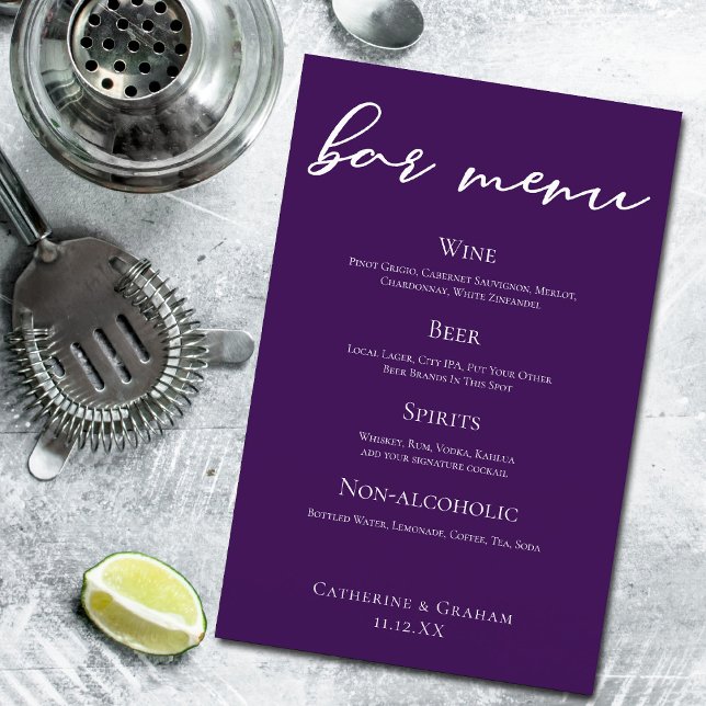 Dark Purple Wedding Bar Menu w/ White Typography (Creator Uploaded)