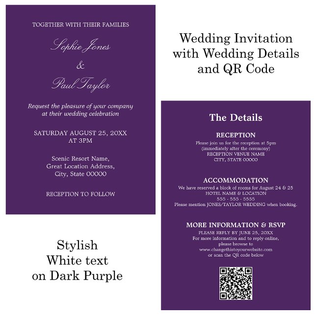 Dark Purple Wedding QR Code RSVP Invitation (Creator Uploaded)