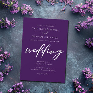Dark Purple White Script Evening Wedding Invitation