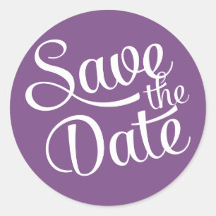 Dark Purple White Script Save the Date Classic Round Sticker