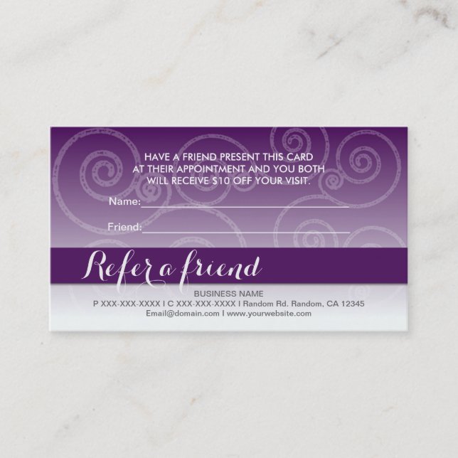 Dark purple white swirl refer a friend cards (Front)
