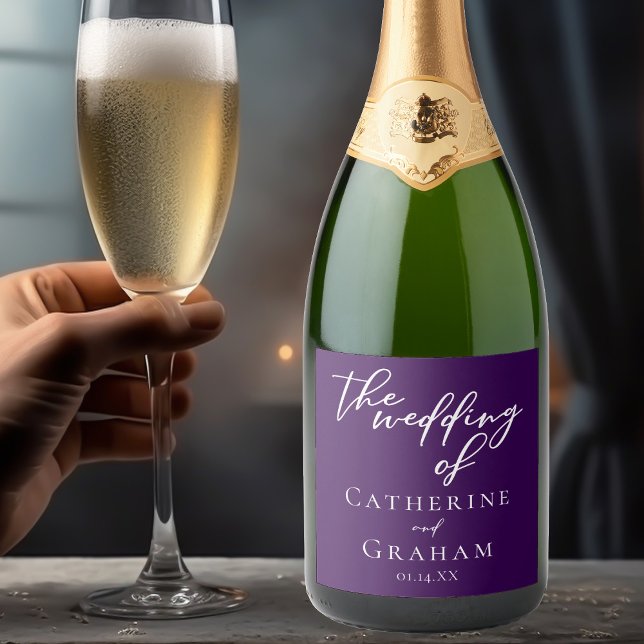 Dark Purple White Typography Personalised Wedding Sparkling Wine Label (Creator Uploaded)