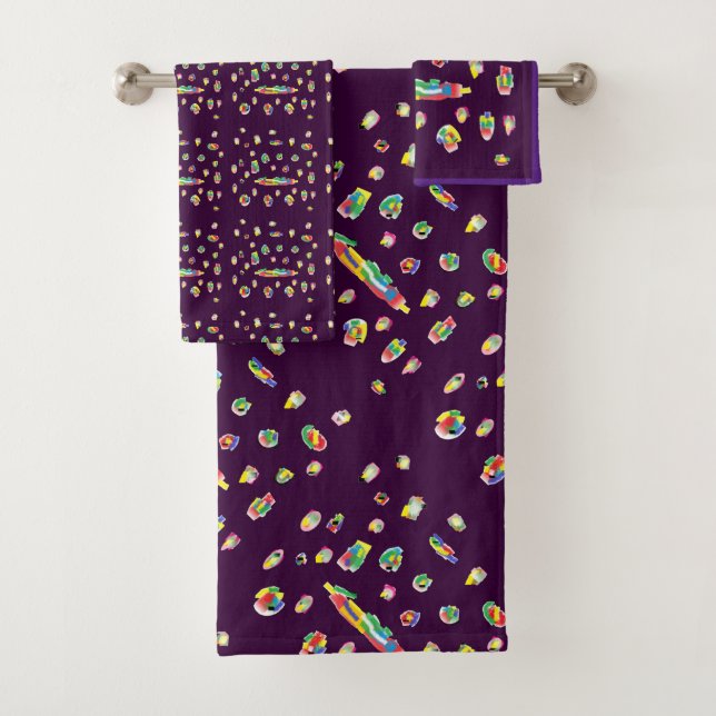Dark purple with abstract small varied art pattern bath towel set (Insitu)