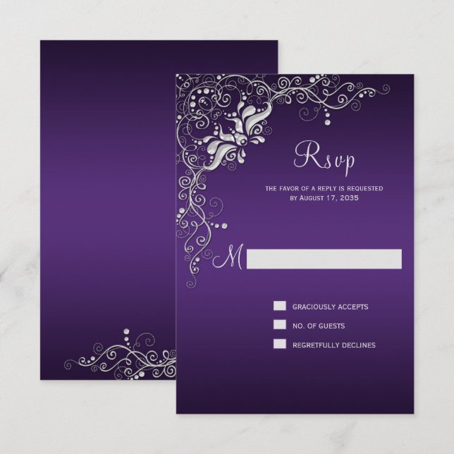 Dark Purple with Ornate Silver Floral Swirls RSVP Card (Front/Back)