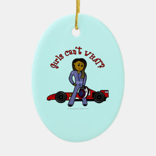 Dark Race Car Driver Girl Ceramic Tree Decoration