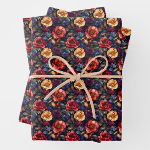 Dark Rainbow Floral on Black Wrapping Paper Sheet