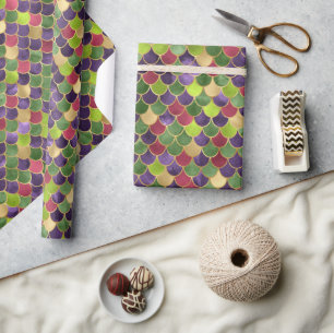 Dark Rainbow Ombre Foil & Gold Mermaid Scales Wrapping Paper
