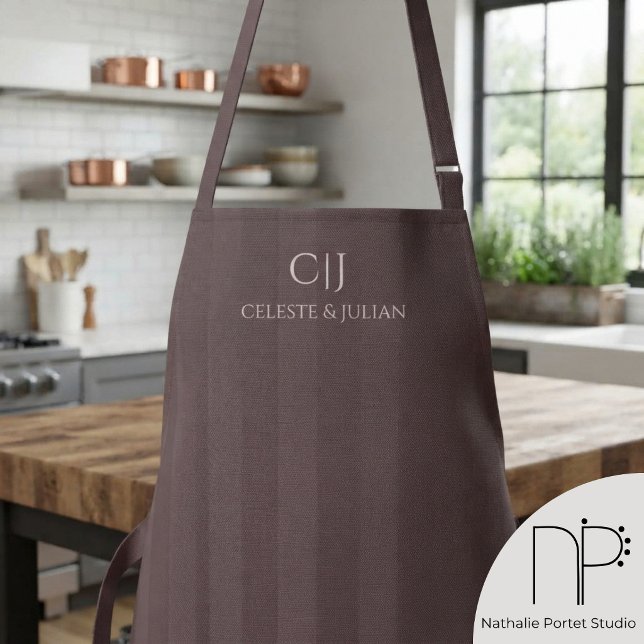Dark Raisin Stripes Monogram Wedding Apron (Plum Stripes Monogram Wedding Apron features custom names and monogram details)