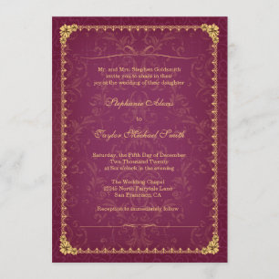 Dark raspberry and gold elegant wedding invitation