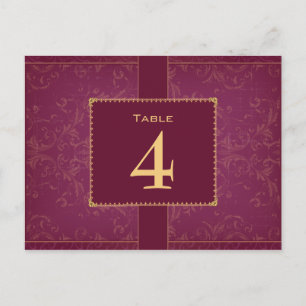 Dark raspberry and gold wedding table number postcard