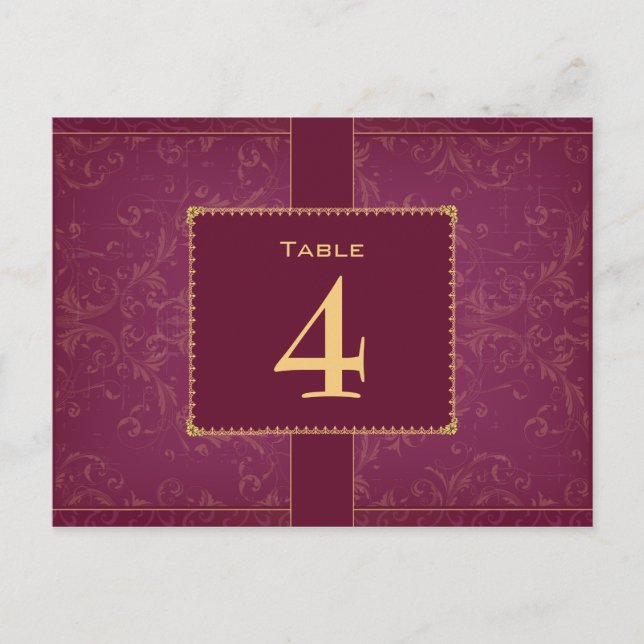 Dark raspberry and gold wedding table number postcard (Front)