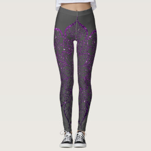 Dark Raspberry Faux Glitter Mandala on Dark Grey Leggings