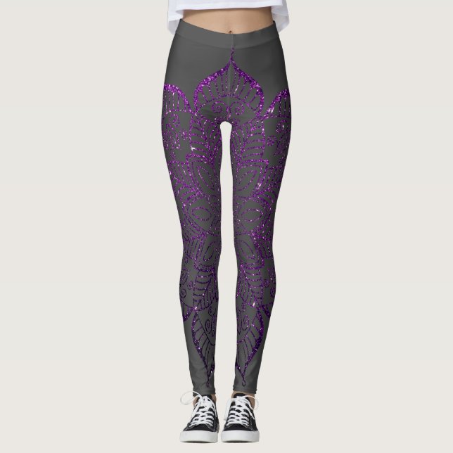 Dark Raspberry Faux Glitter Mandala on Dark Grey Leggings (Front)