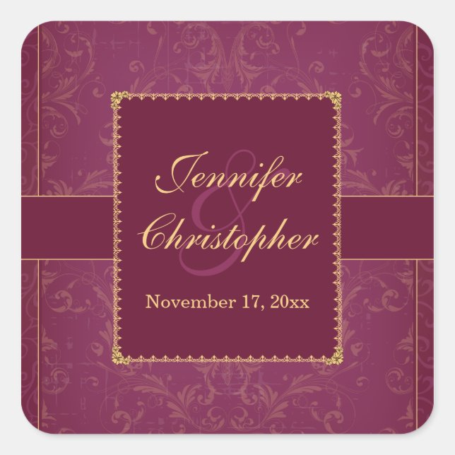 Dark raspberry & gold personalised wedding sticker (Front)