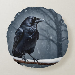 Dark Raven Black Bird Round Cushion