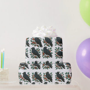 Dark Raven Holly Berries Gothic Christmas Wrapping Paper