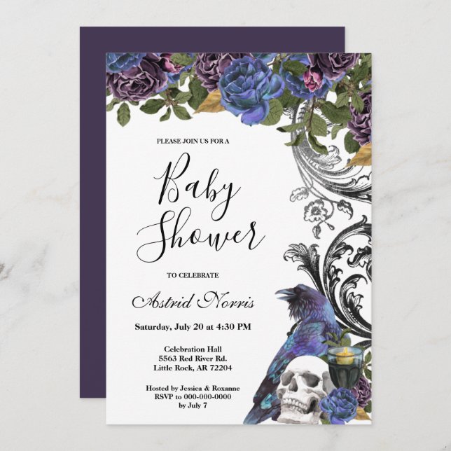 Dark Raven Purple Roses Baby Shower Invitation (Front/Back)