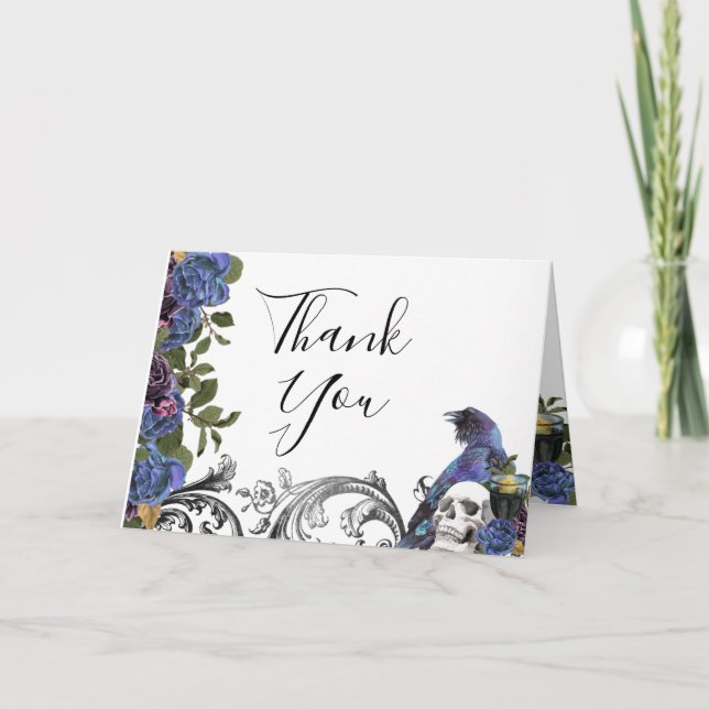 Dark Raven Purple Roses Gothic Wedding Thank You Card (Front)