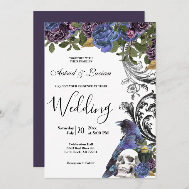 Dark Raven & Skull Gothic Wedding Invitation (Front/Back)